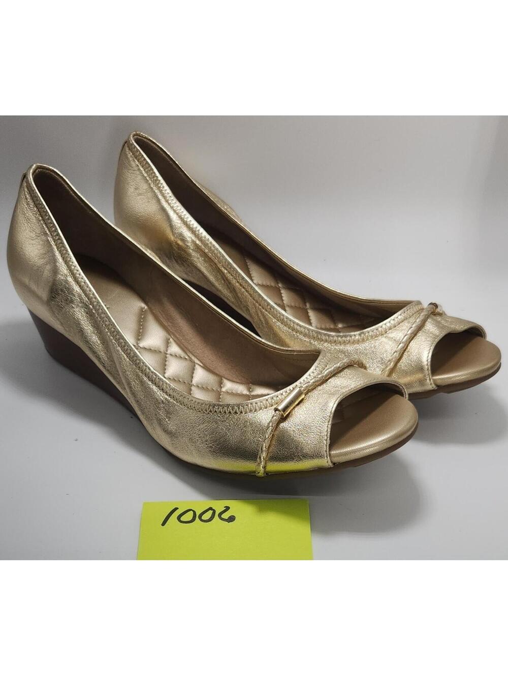 Cole Haan Women’s Leather Peep Toe Slip-On Wedge Heel Gold Braided 8